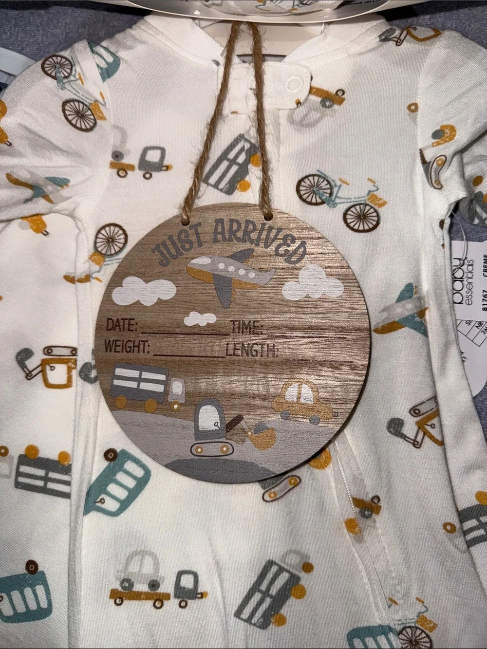Footie, swaddle, knit cap, wood disk 4 piece gift set